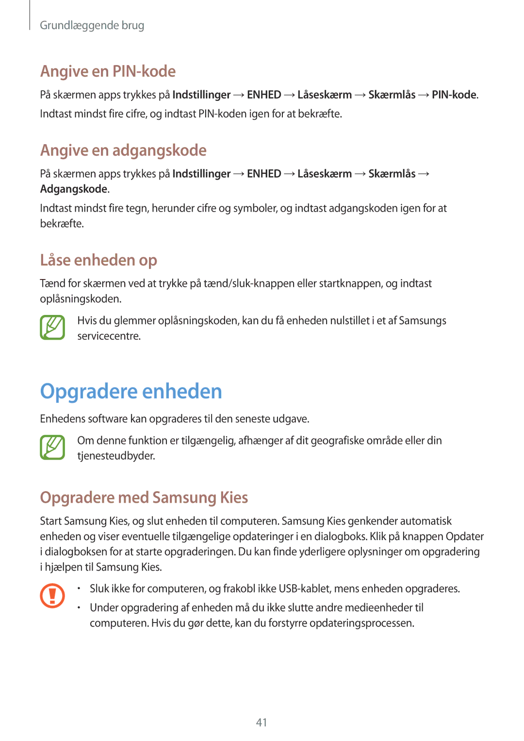 Samsung SM-T360NNGANEE manual Opgradere enheden, Angive en PIN-kode, Angive en adgangskode, Låse enheden op 