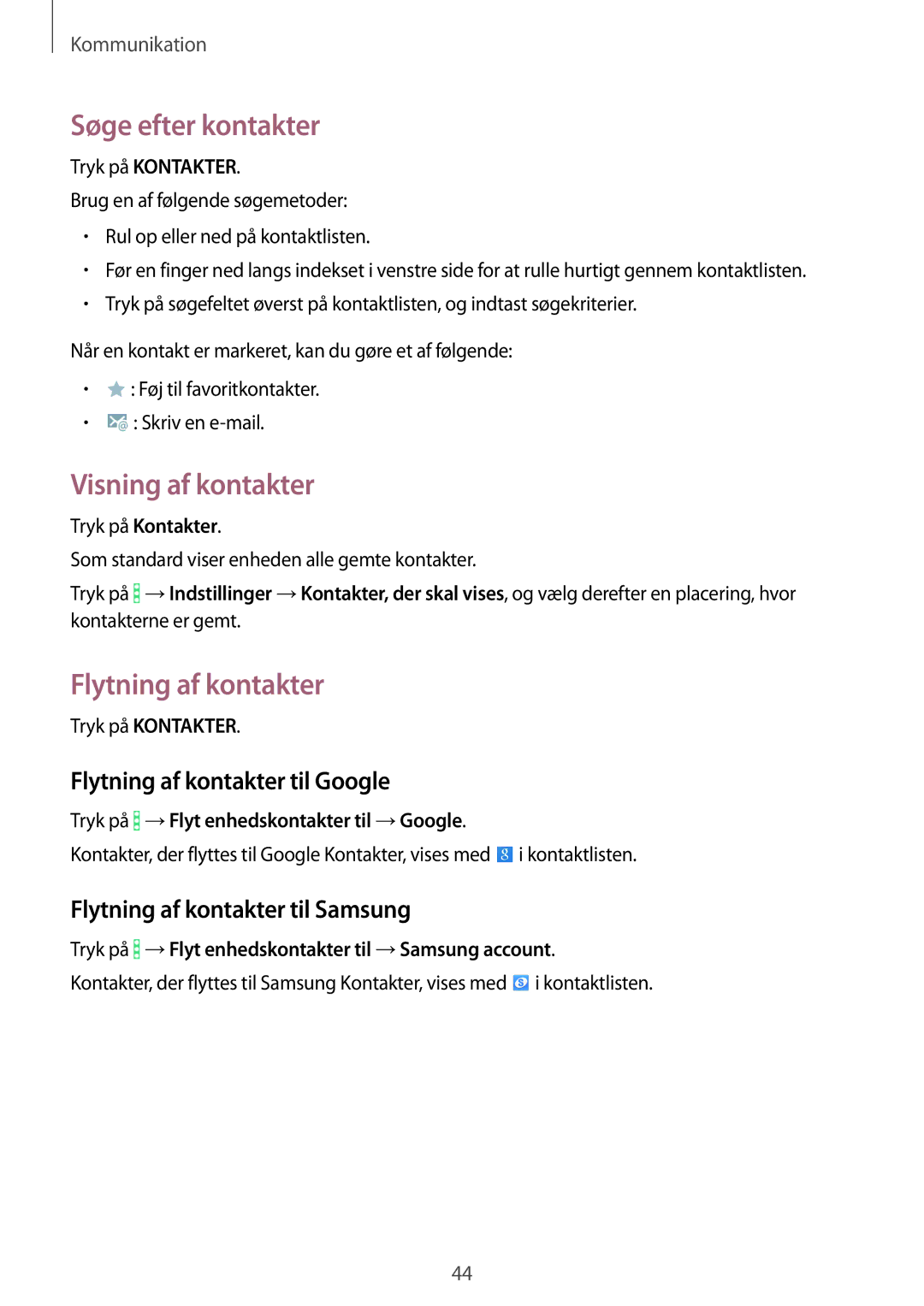 Samsung SM-T360NNGANEE manual Søge efter kontakter, Visning af kontakter, Flytning af kontakter til Google 