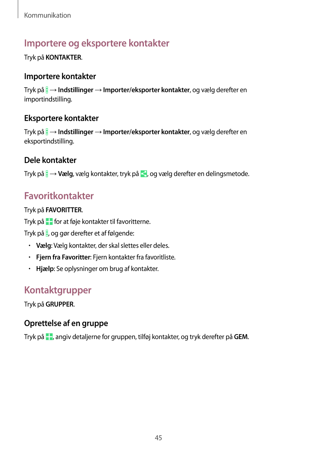 Samsung SM-T360NNGANEE manual Importere og eksportere kontakter, Favoritkontakter, Kontaktgrupper 