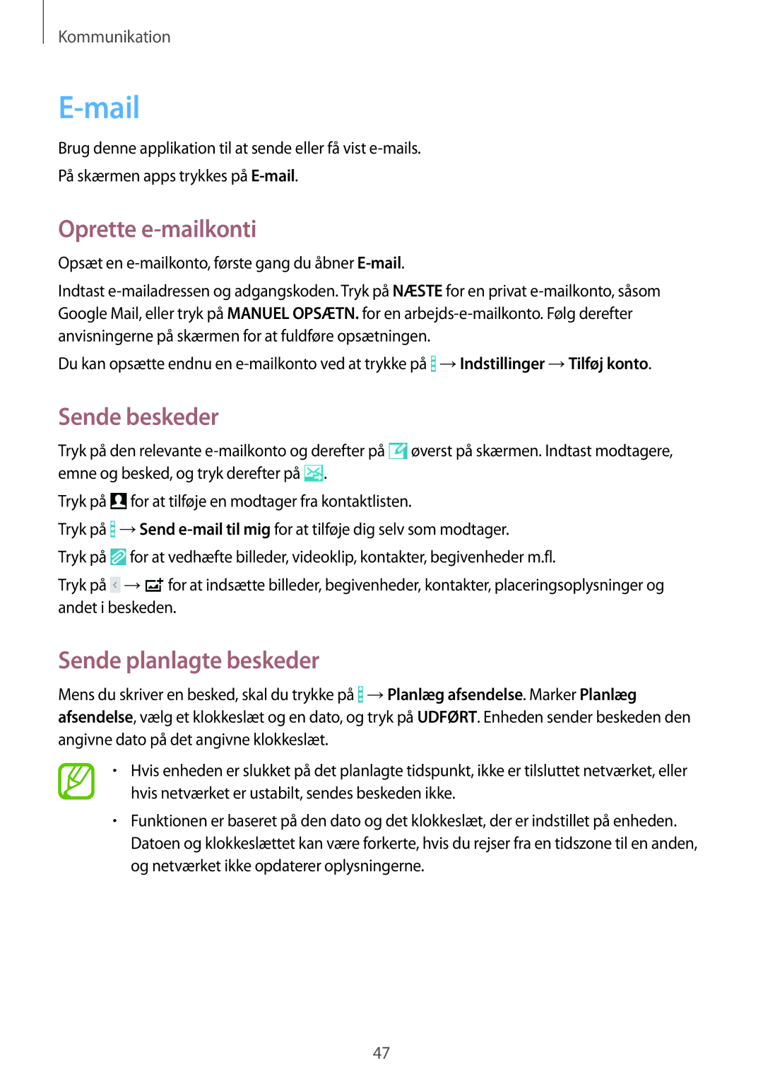 Samsung SM-T360NNGANEE manual Mail, Oprette e-mailkonti, Sende beskeder, Sende planlagte beskeder 