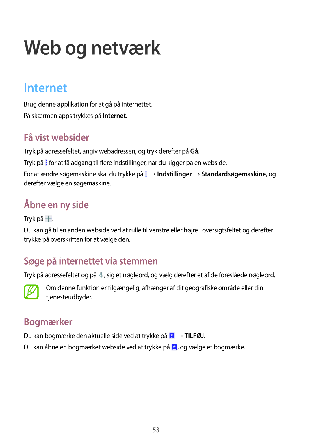 Samsung SM-T360NNGANEE manual Web og netværk, Internet 