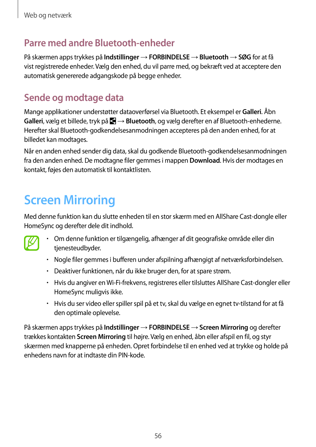 Samsung SM-T360NNGANEE manual Screen Mirroring, Parre med andre Bluetooth-enheder, Sende og modtage data 