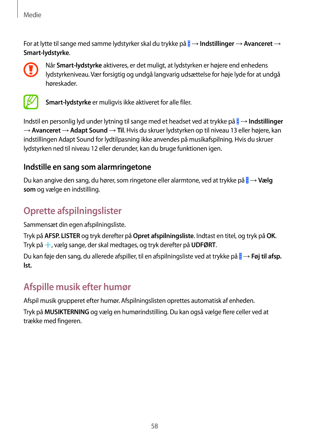 Samsung SM-T360NNGANEE manual Oprette afspilningslister, Afspille musik efter humør, Indstille en sang som alarmringetone 