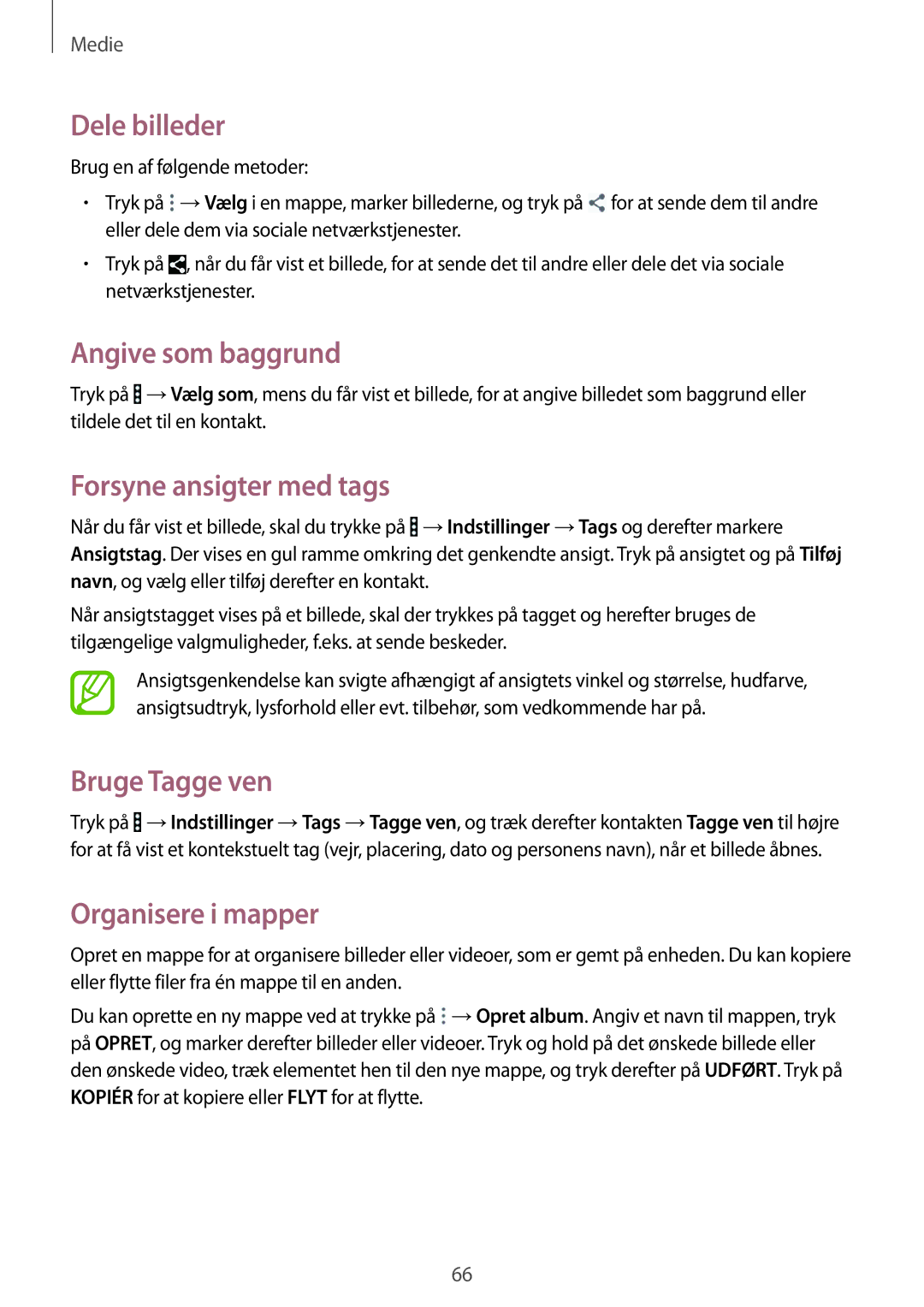 Samsung SM-T360NNGANEE manual Dele billeder, Angive som baggrund, Forsyne ansigter med tags, Bruge Tagge ven 