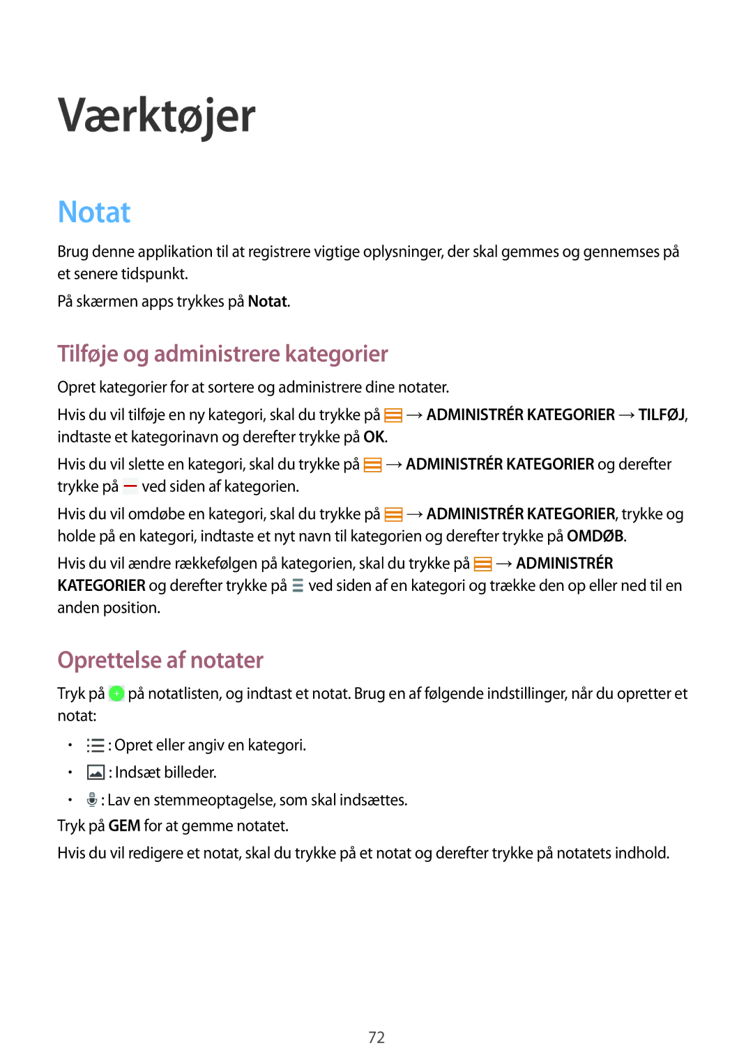 Samsung SM-T360NNGANEE manual Værktøjer, Notat, Tilføje og administrere kategorier, Oprettelse af notater 