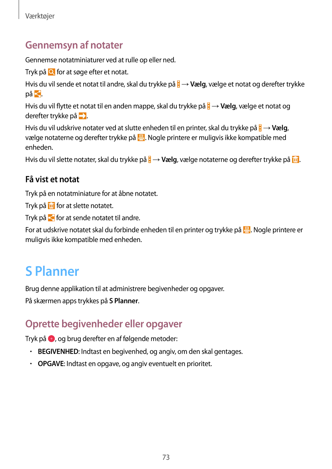 Samsung SM-T360NNGANEE manual Planner, Gennemsyn af notater, Oprette begivenheder eller opgaver, Få vist et notat 