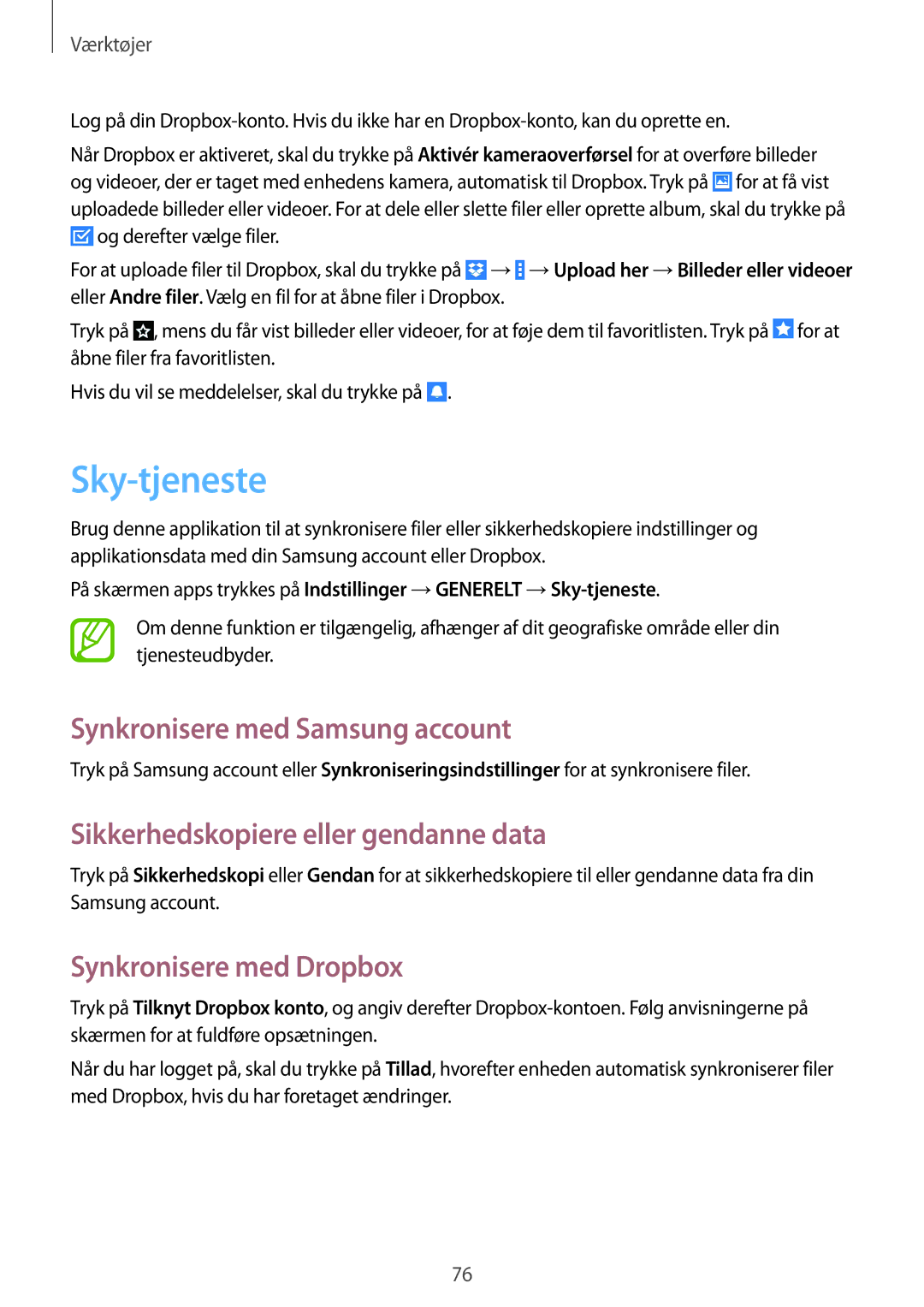 Samsung SM-T360NNGANEE manual Sky-tjeneste, Synkronisere med Samsung account, Sikkerhedskopiere eller gendanne data 