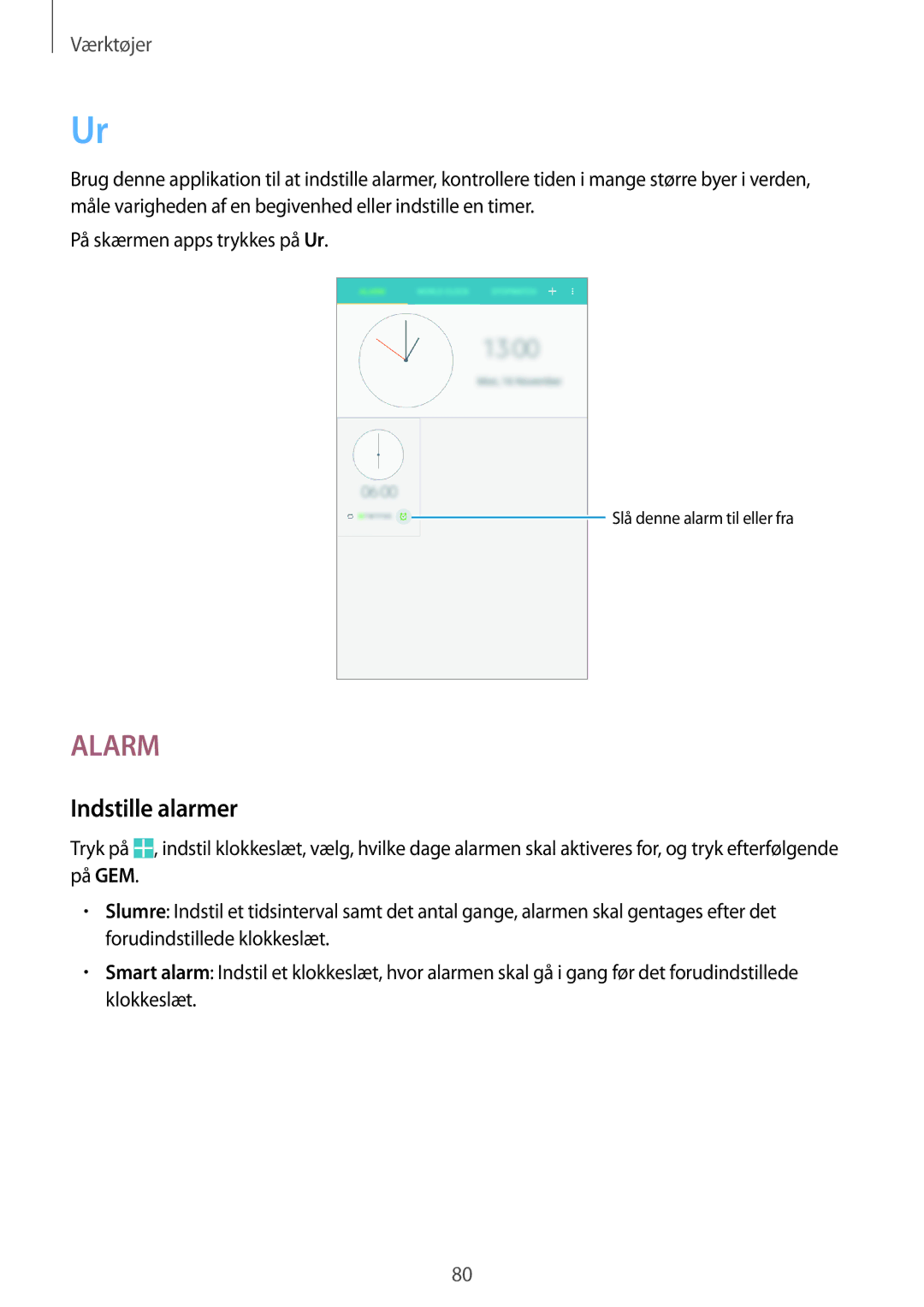 Samsung SM-T360NNGANEE manual Alarm, Indstille alarmer 