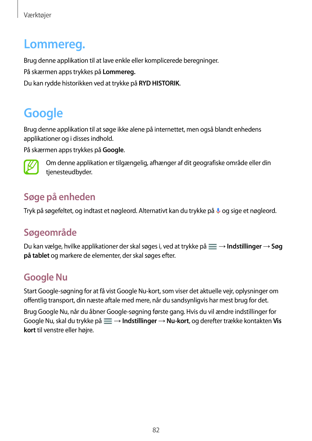 Samsung SM-T360NNGANEE manual Lommereg, Søge på enheden, Søgeområde, Google Nu 