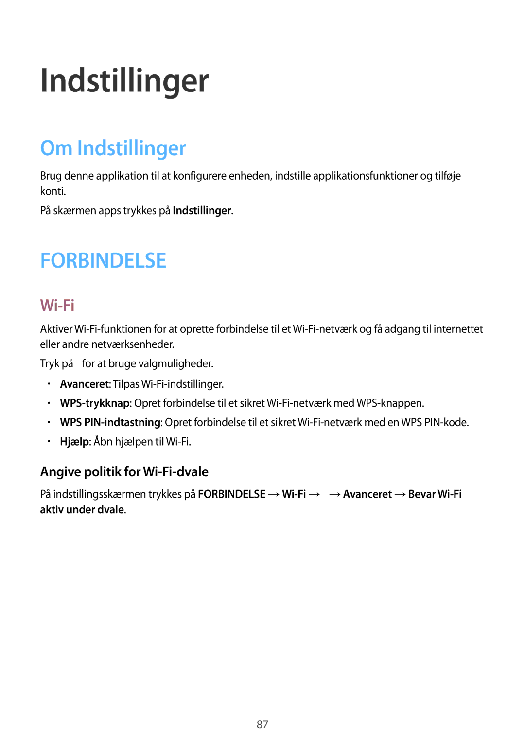 Samsung SM-T360NNGANEE manual Om Indstillinger, Angive politik for Wi-Fi-dvale 