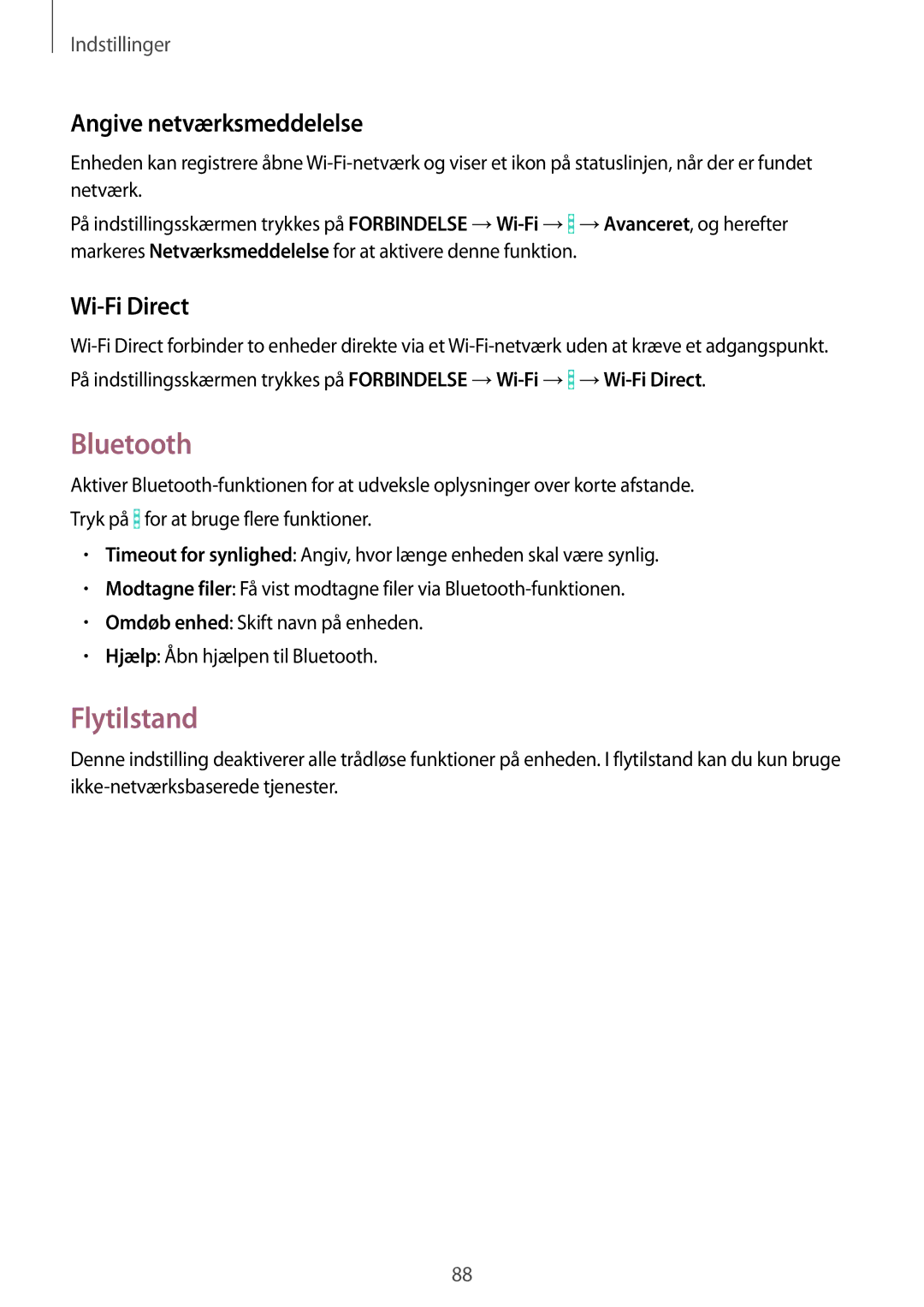 Samsung SM-T360NNGANEE manual Bluetooth, Flytilstand, Angive netværksmeddelelse, Wi-Fi Direct 