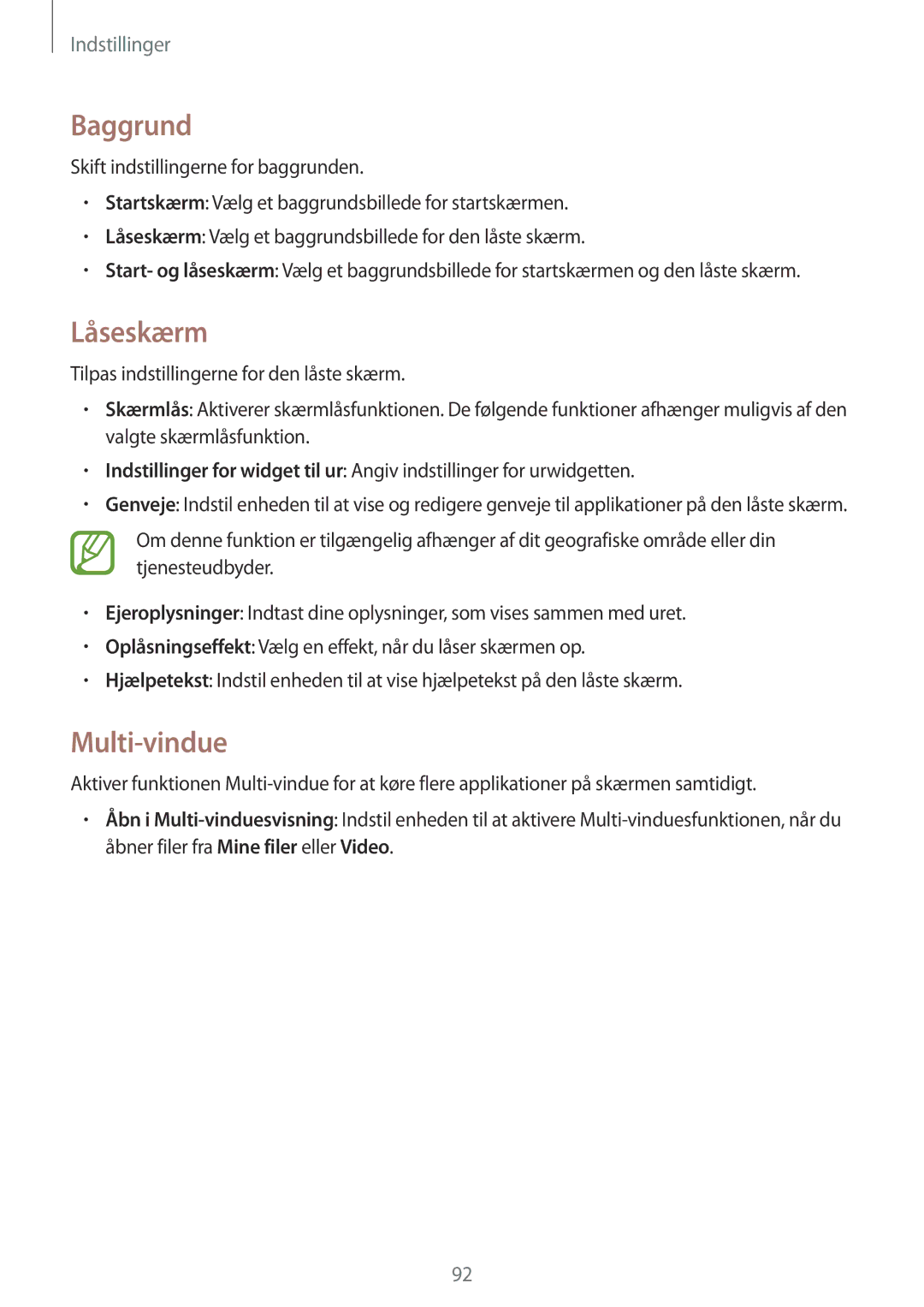 Samsung SM-T360NNGANEE manual Baggrund, Låseskærm, Multi-vindue 