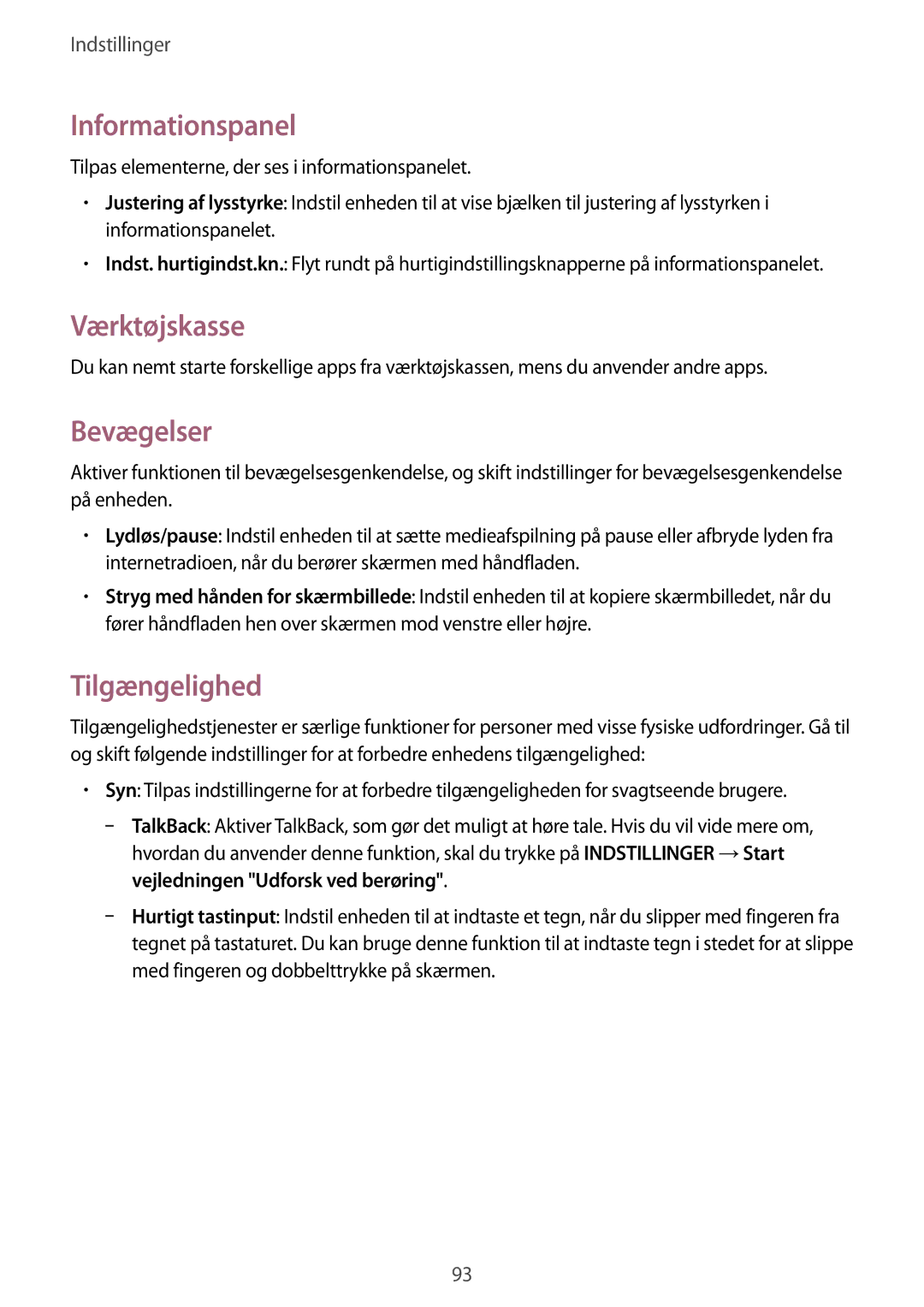 Samsung SM-T360NNGANEE manual Informationspanel, Værktøjskasse, Bevægelser, Tilgængelighed 