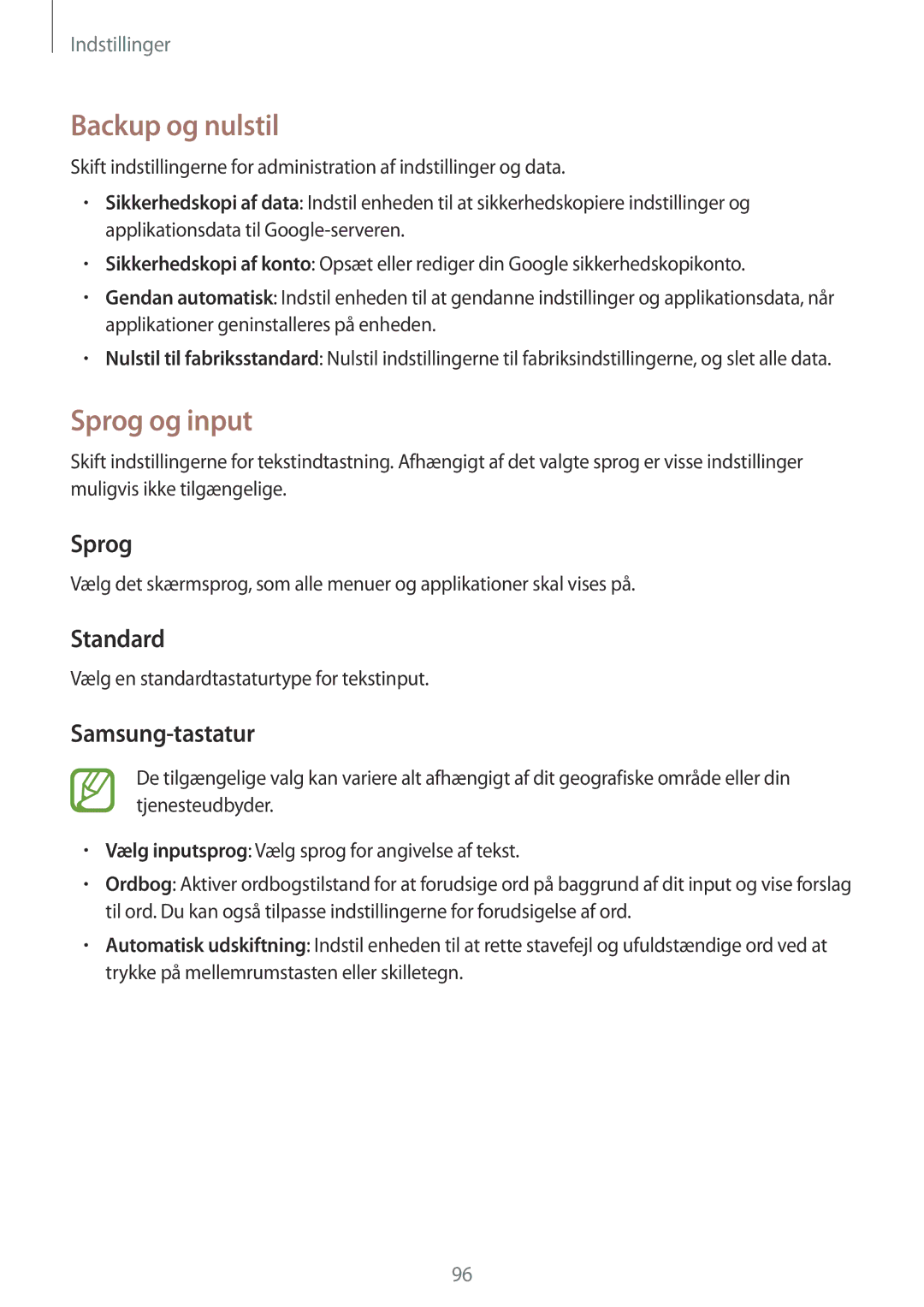 Samsung SM-T360NNGANEE manual Backup og nulstil, Sprog og input, Standard, Samsung-tastatur 