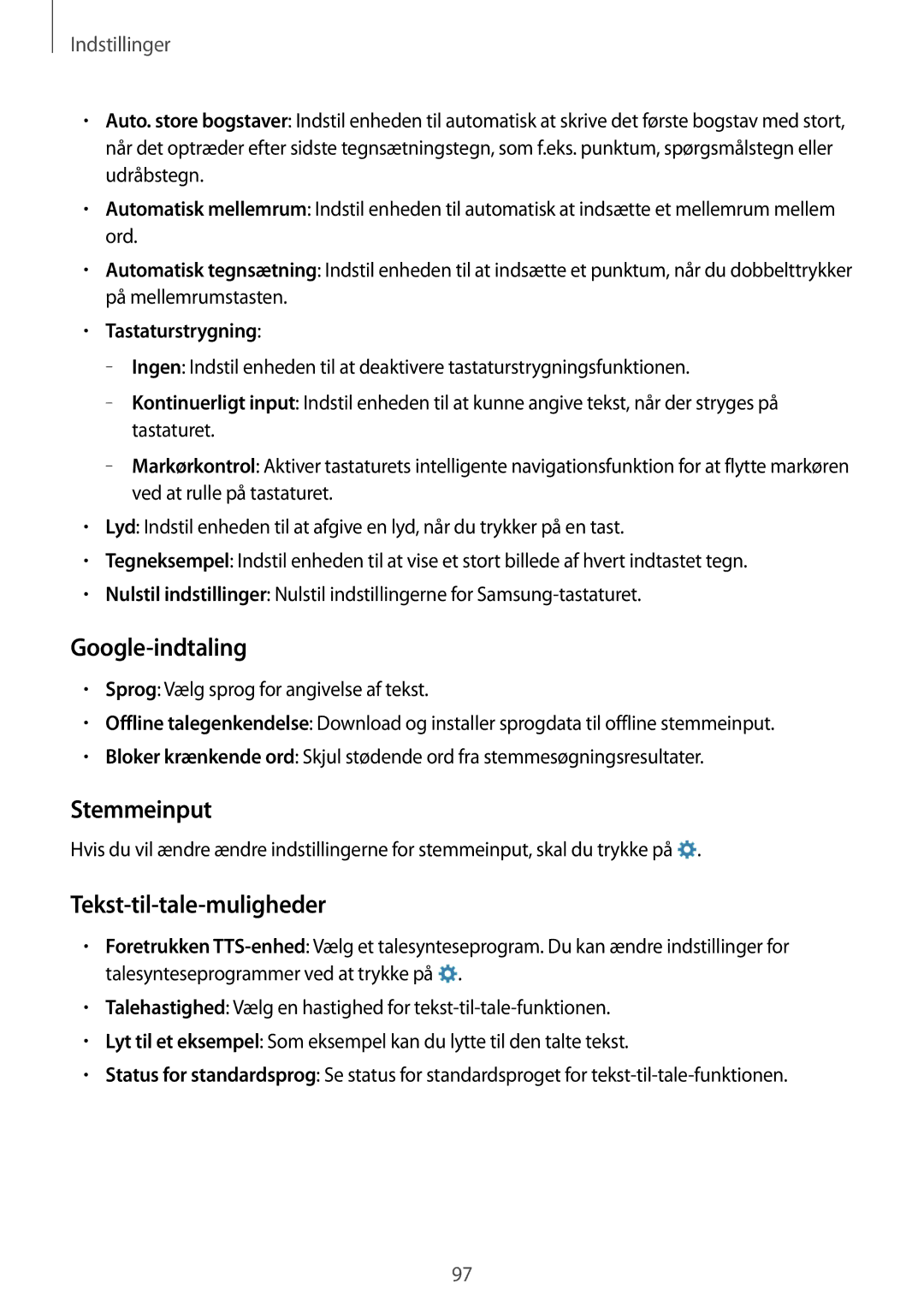 Samsung SM-T360NNGANEE manual Google-indtaling, Stemmeinput, Tekst-til-tale-muligheder 