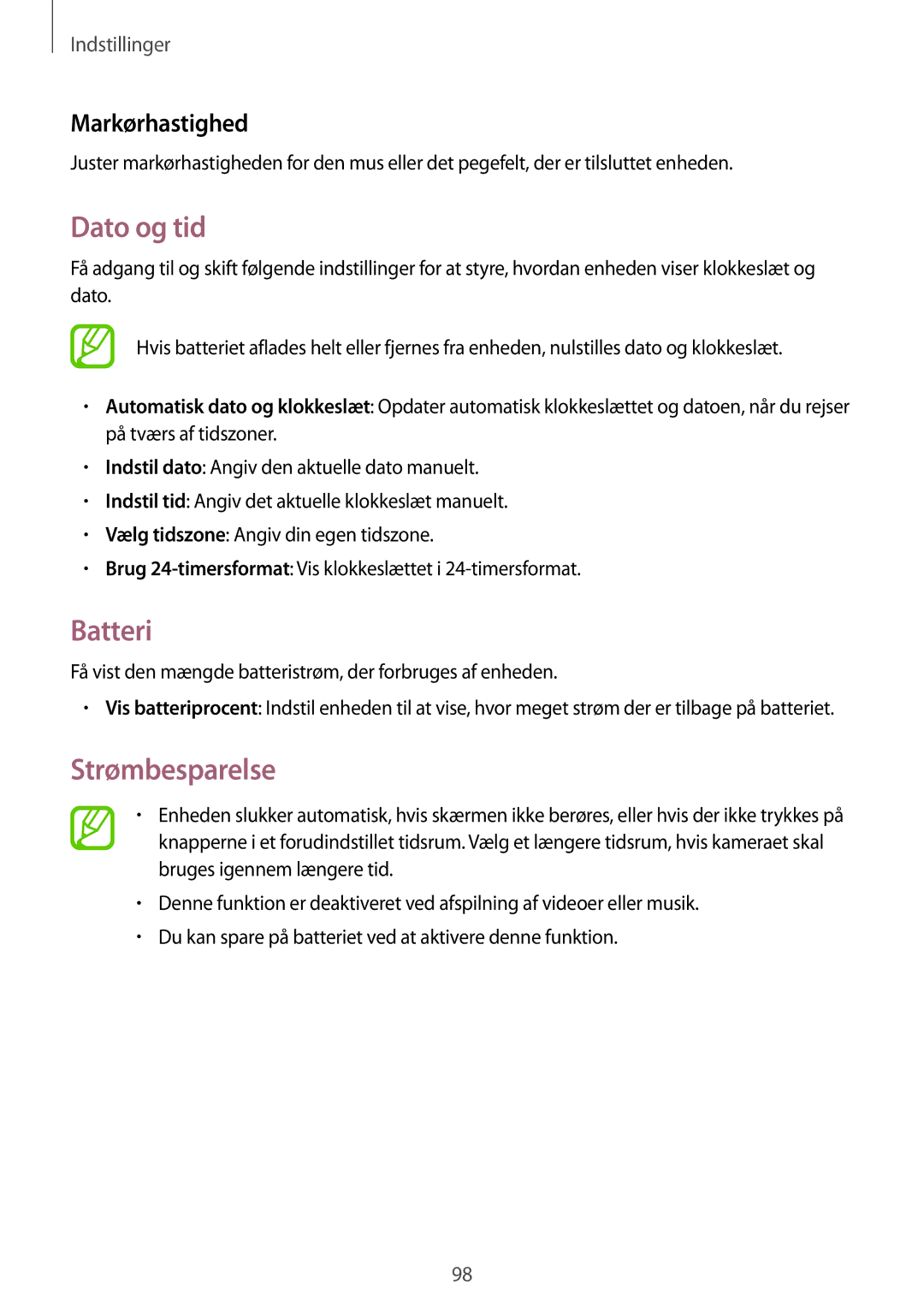 Samsung SM-T360NNGANEE manual Dato og tid, Batteri, Strømbesparelse, Markørhastighed 