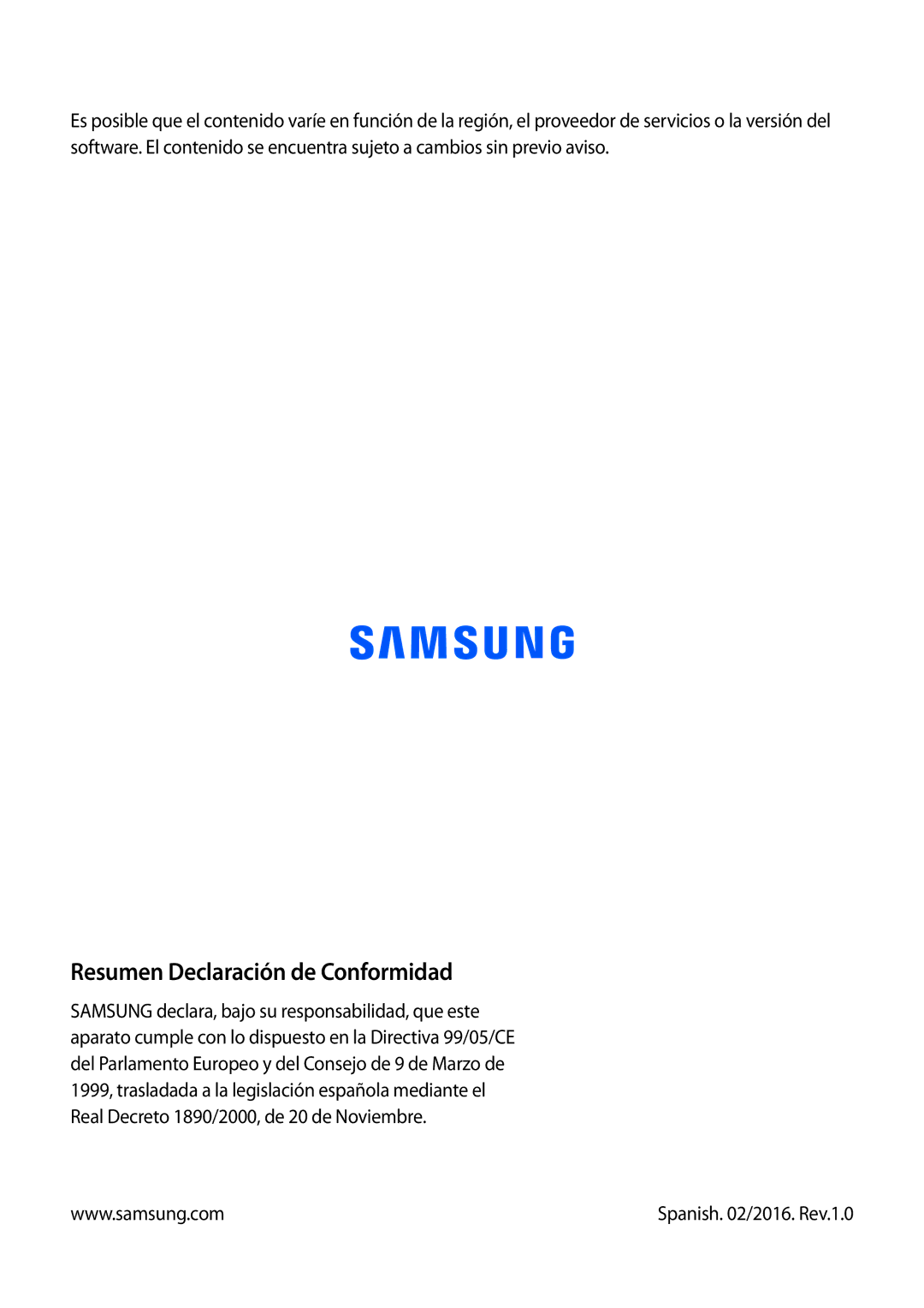 Samsung SM-T360NNGAPHE, SM-T360NNGATPH manual Resumen Declaración de Conformidad 