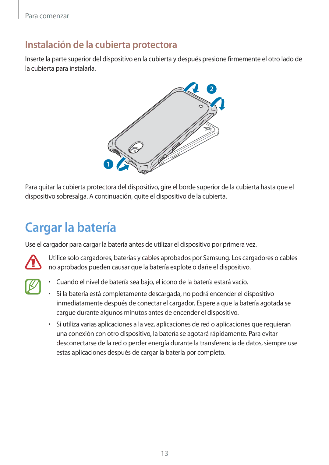 Samsung SM-T360NNGATPH, SM-T360NNGAPHE manual Cargar la batería, Instalación de la cubierta protectora 