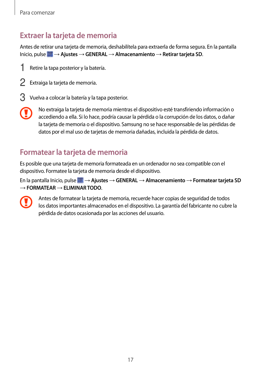 Samsung SM-T360NNGATPH, SM-T360NNGAPHE manual Extraer la tarjeta de memoria, Formatear la tarjeta de memoria 