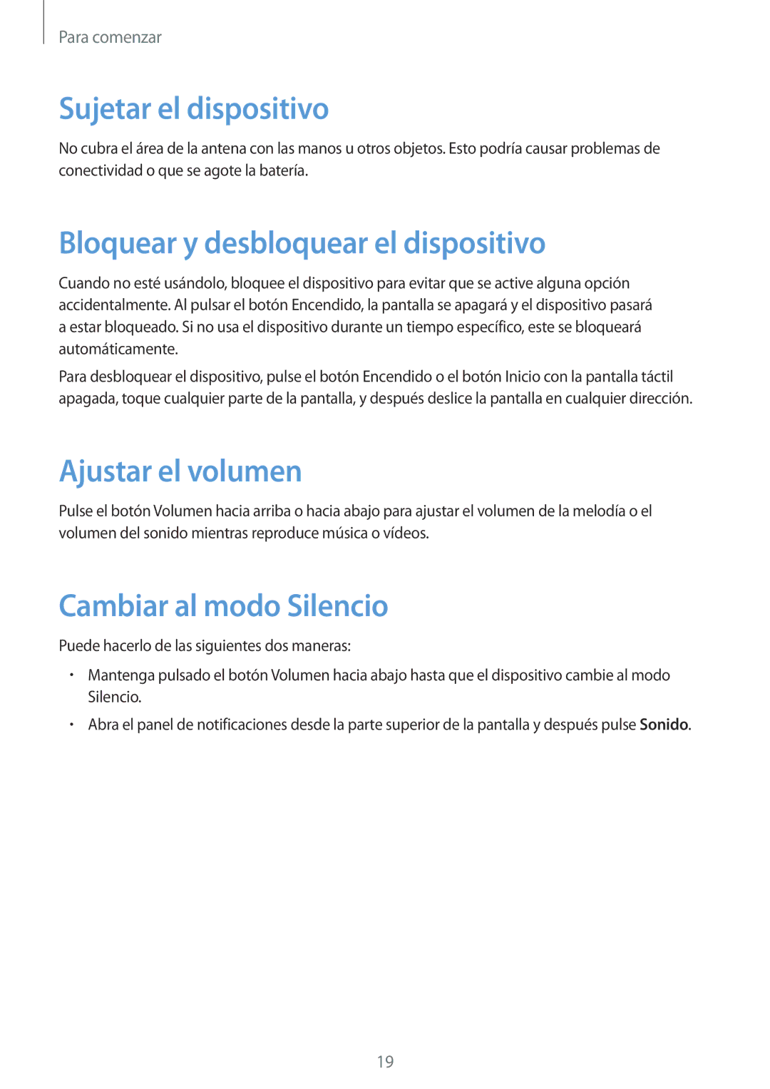 Samsung SM-T360NNGATPH, SM-T360NNGAPHE Sujetar el dispositivo, Bloquear y desbloquear el dispositivo, Ajustar el volumen 