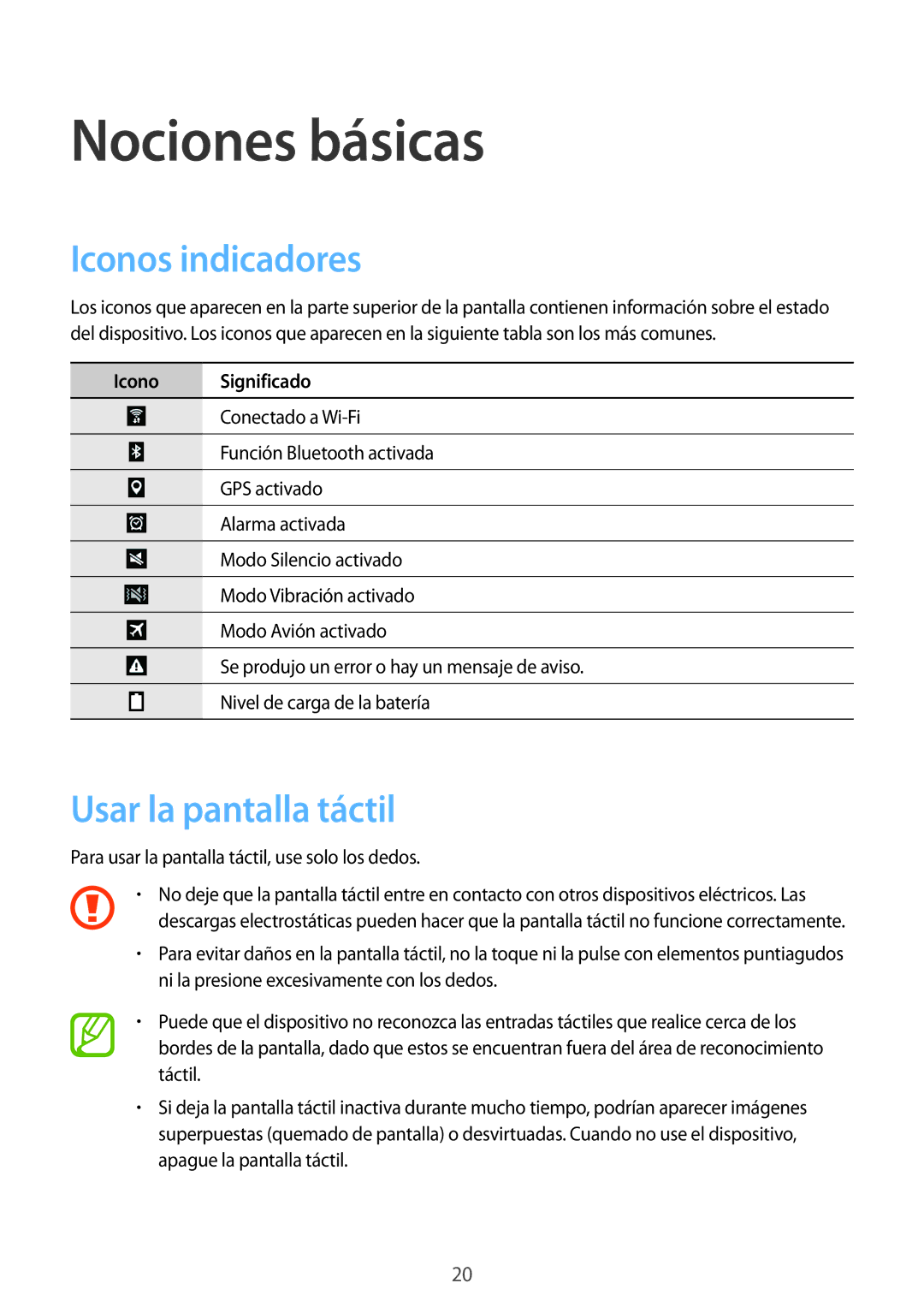 Samsung SM-T360NNGAPHE, SM-T360NNGATPH manual Nociones básicas, Iconos indicadores, Usar la pantalla táctil 