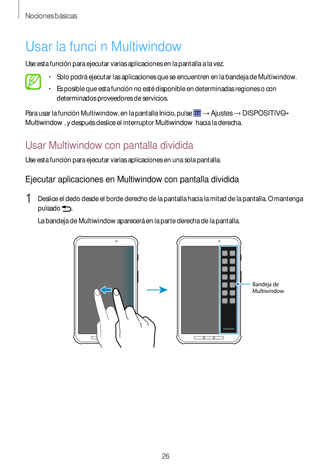 Samsung SM-T360NNGAPHE, SM-T360NNGATPH manual Usar la función Multiwindow, Usar Multiwindow con pantalla dividida 