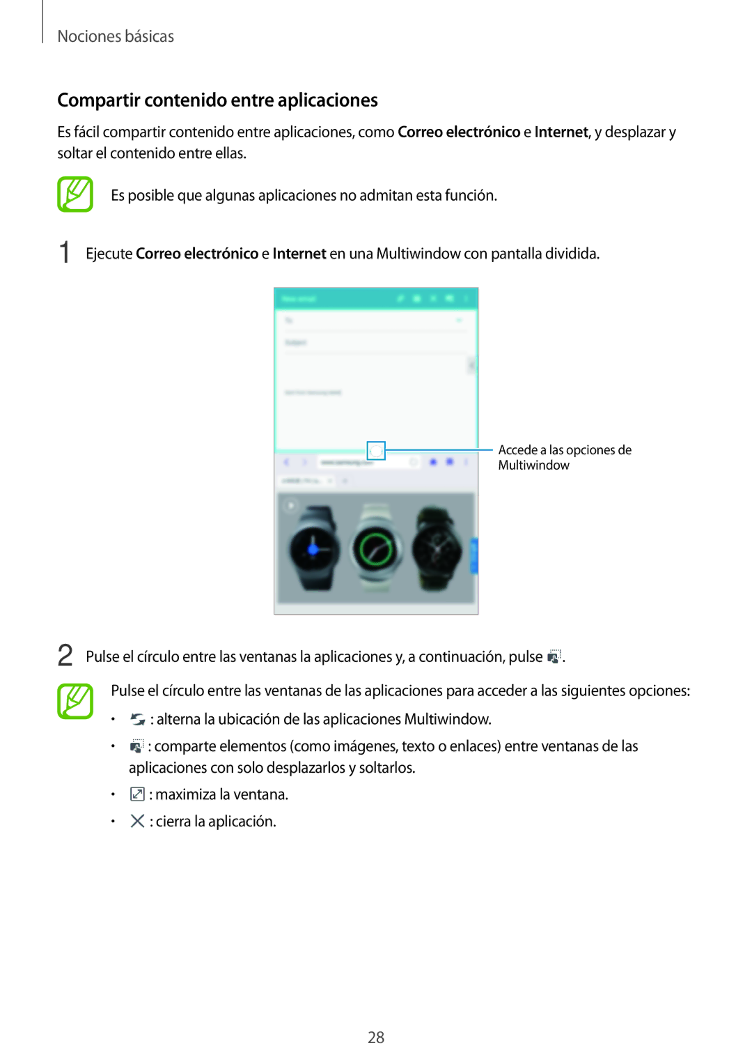 Samsung SM-T360NNGAPHE, SM-T360NNGATPH manual Compartir contenido entre aplicaciones 