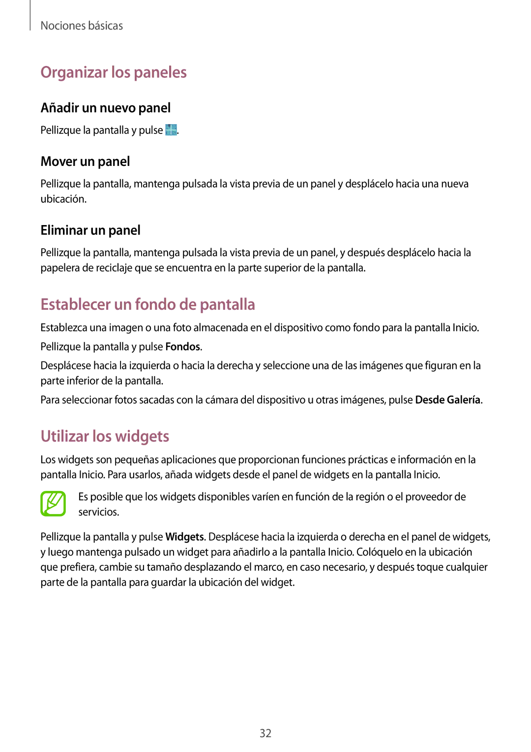 Samsung SM-T360NNGAPHE, SM-T360NNGATPH manual Organizar los paneles, Establecer un fondo de pantalla, Utilizar los widgets 
