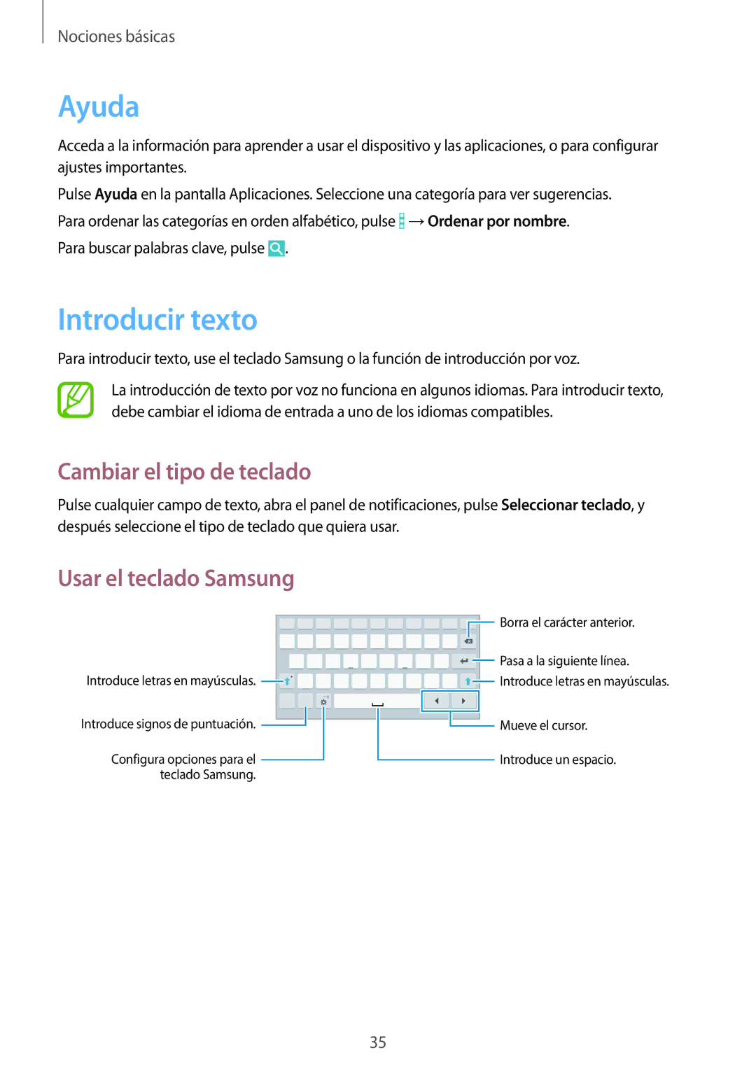 Samsung SM-T360NNGATPH, SM-T360NNGAPHE manual Ayuda, Introducir texto, Cambiar el tipo de teclado, Usar el teclado Samsung 