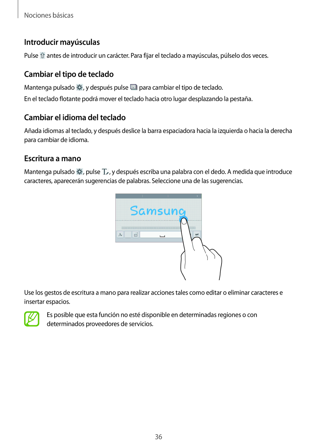 Samsung SM-T360NNGAPHE Introducir mayúsculas, Cambiar el tipo de teclado, Cambiar el idioma del teclado, Escritura a mano 