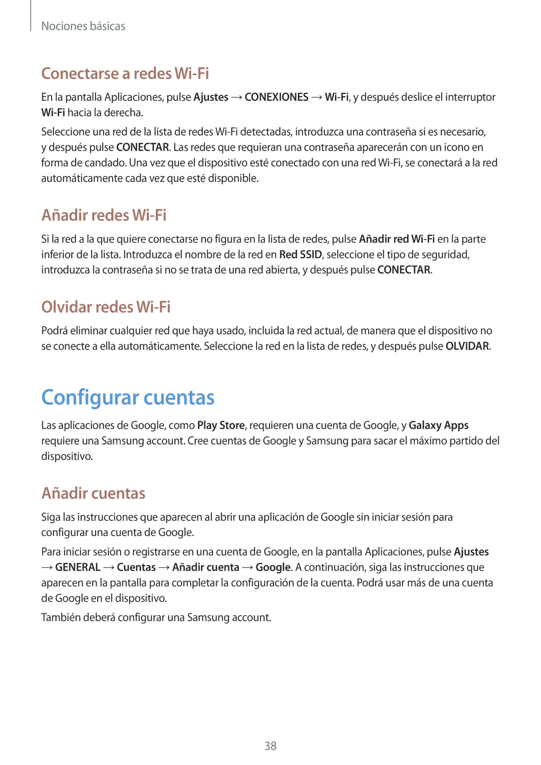 Samsung SM-T360NNGAPHE manual Configurar cuentas, Conectarse a redes Wi-Fi, Añadir redes Wi-Fi, Olvidar redes Wi-Fi 