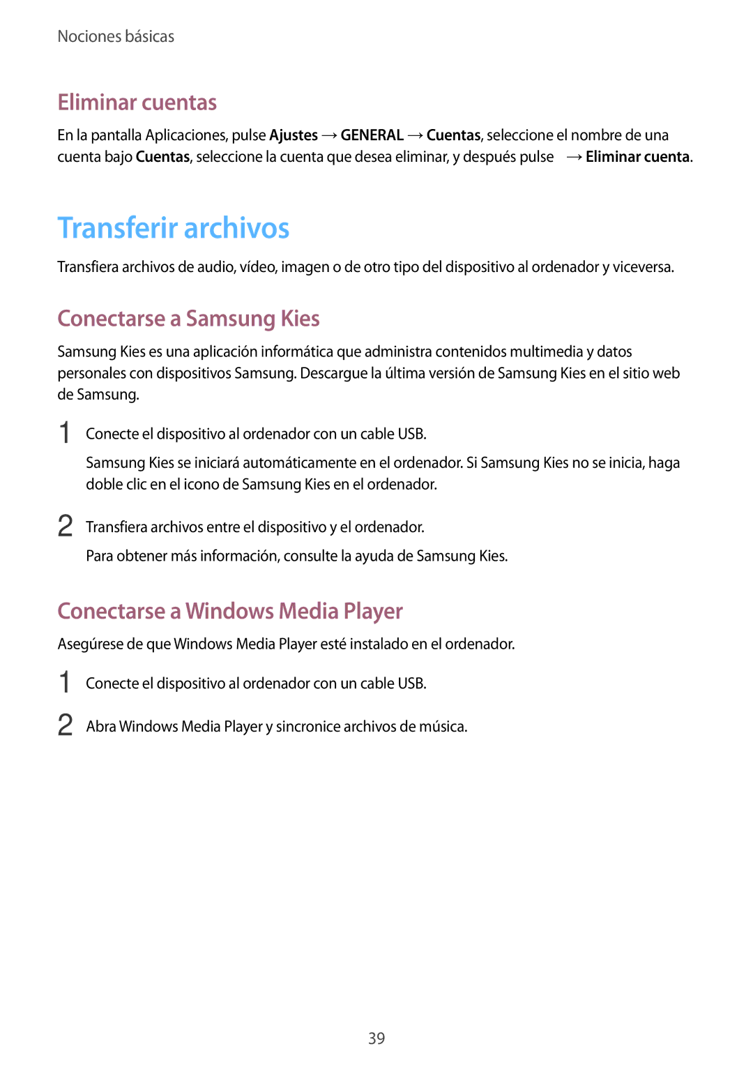 Samsung SM-T360NNGATPH Transferir archivos, Eliminar cuentas, Conectarse a Samsung Kies, Conectarse a Windows Media Player 