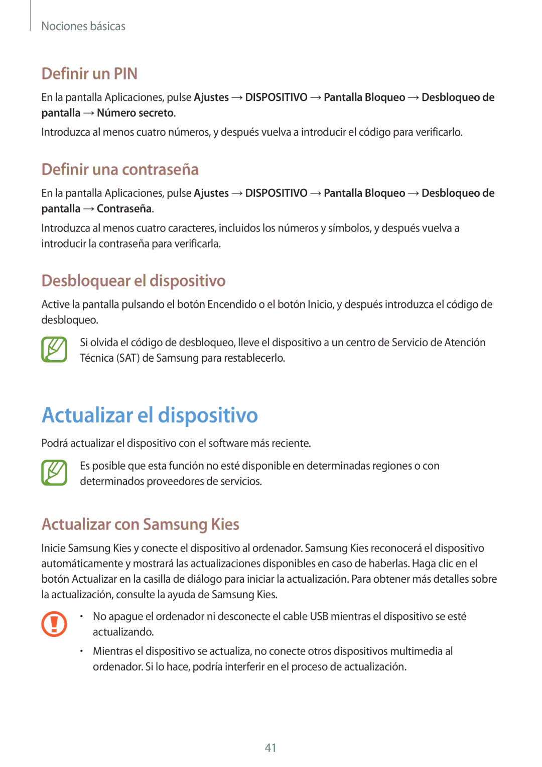 Samsung SM-T360NNGATPH manual Actualizar el dispositivo, Definir un PIN, Definir una contraseña, Desbloquear el dispositivo 