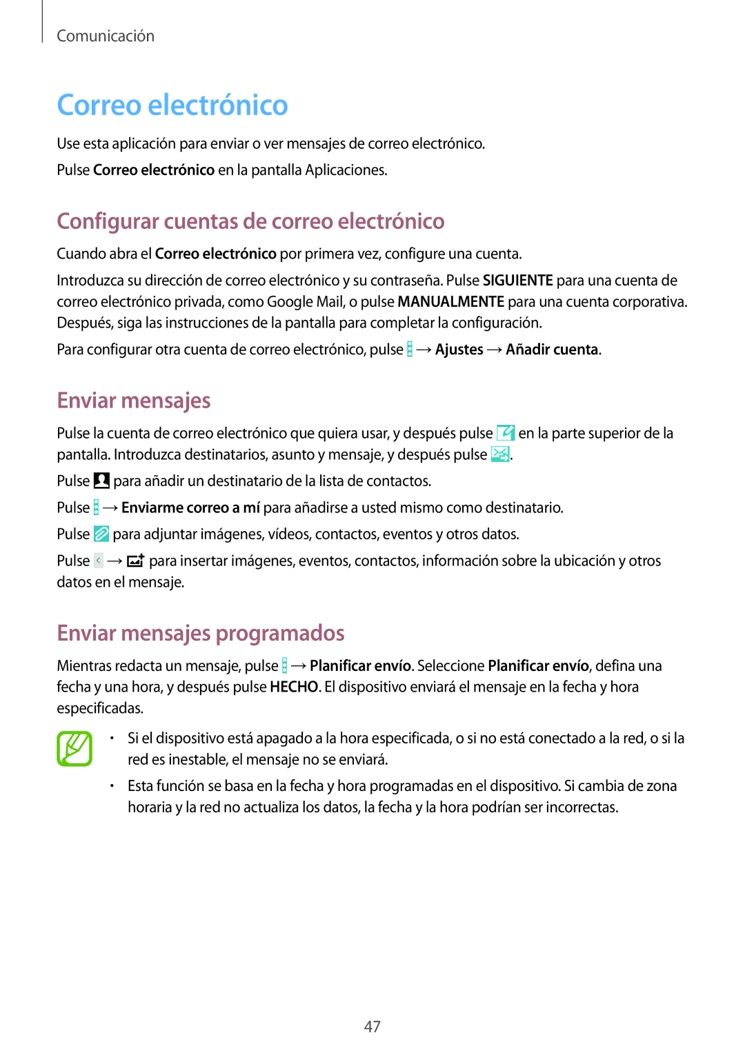 Samsung SM-T360NNGATPH, SM-T360NNGAPHE manual Correo electrónico, Configurar cuentas de correo electrónico, Enviar mensajes 