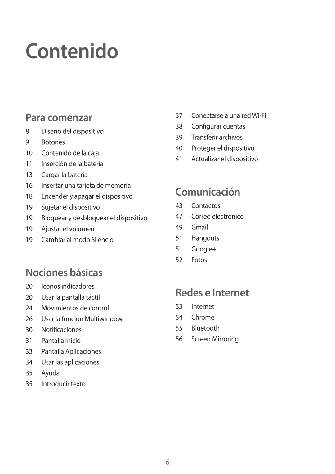 Samsung SM-T360NNGAPHE, SM-T360NNGATPH manual Contenido, Para comenzar 