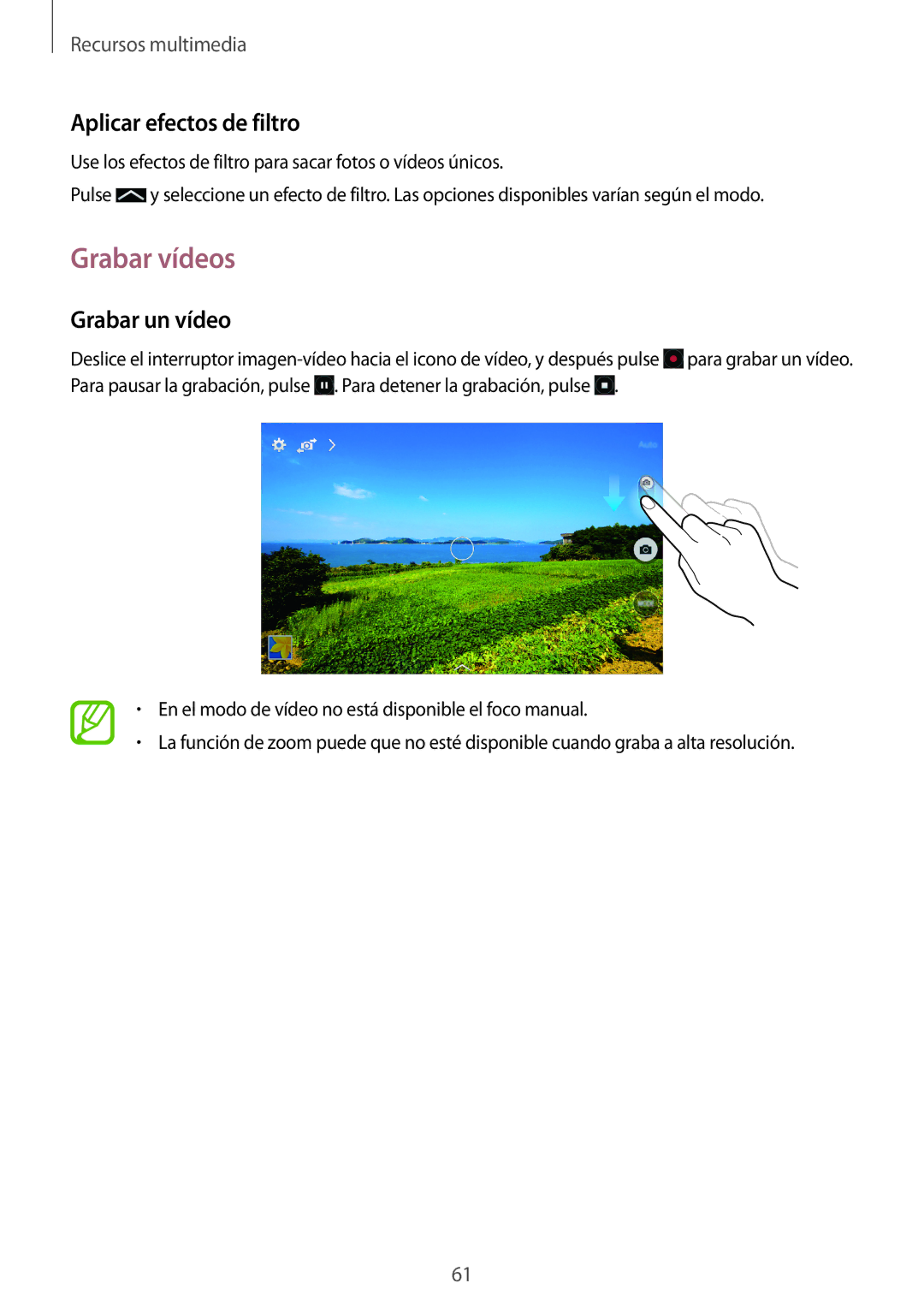 Samsung SM-T360NNGATPH, SM-T360NNGAPHE manual Grabar vídeos, Aplicar efectos de filtro, Grabar un vídeo 