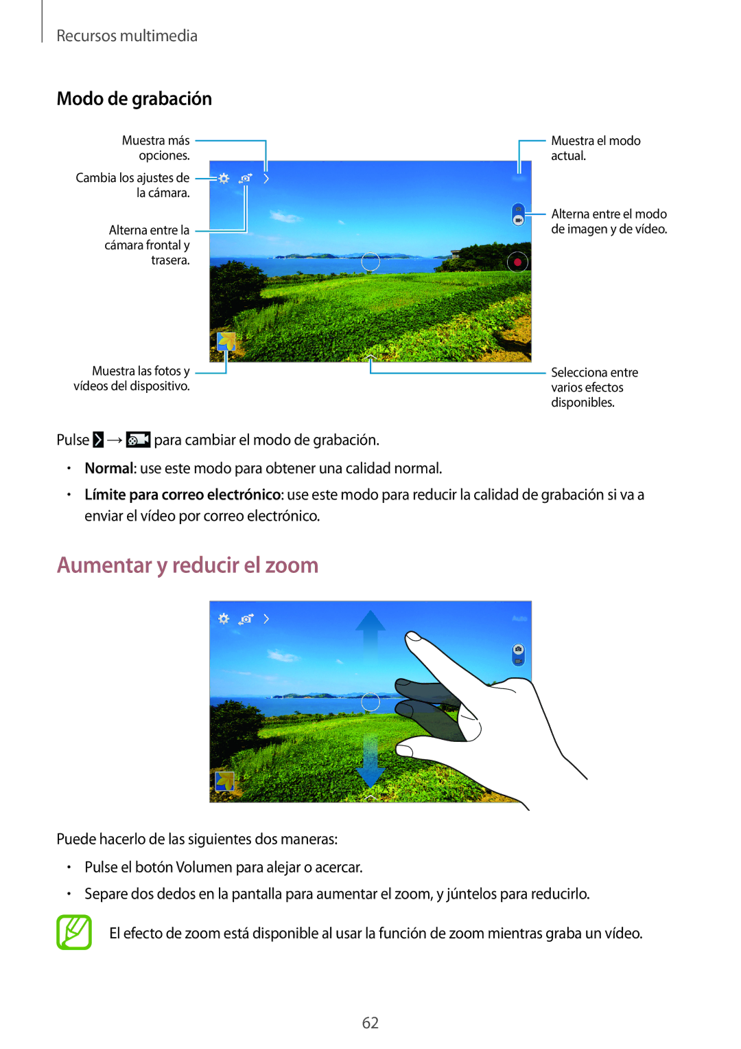 Samsung SM-T360NNGAPHE, SM-T360NNGATPH manual Aumentar y reducir el zoom, Modo de grabación 