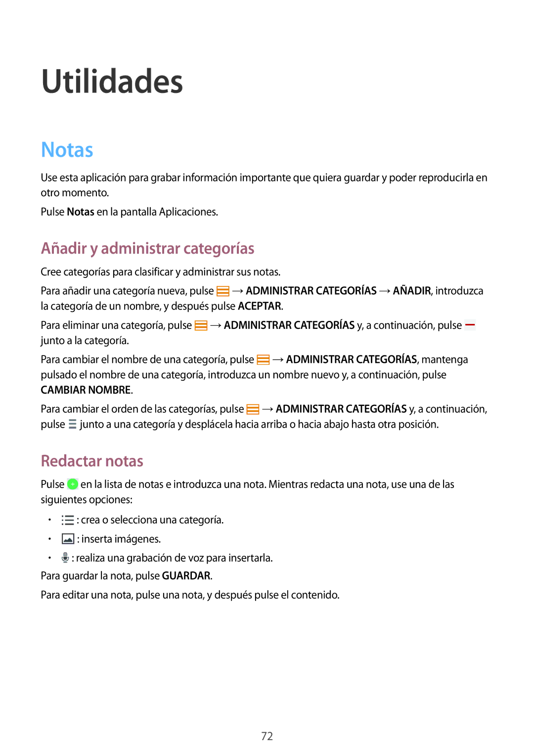 Samsung SM-T360NNGAPHE, SM-T360NNGATPH manual Utilidades, Notas, Añadir y administrar categorías, Redactar notas 