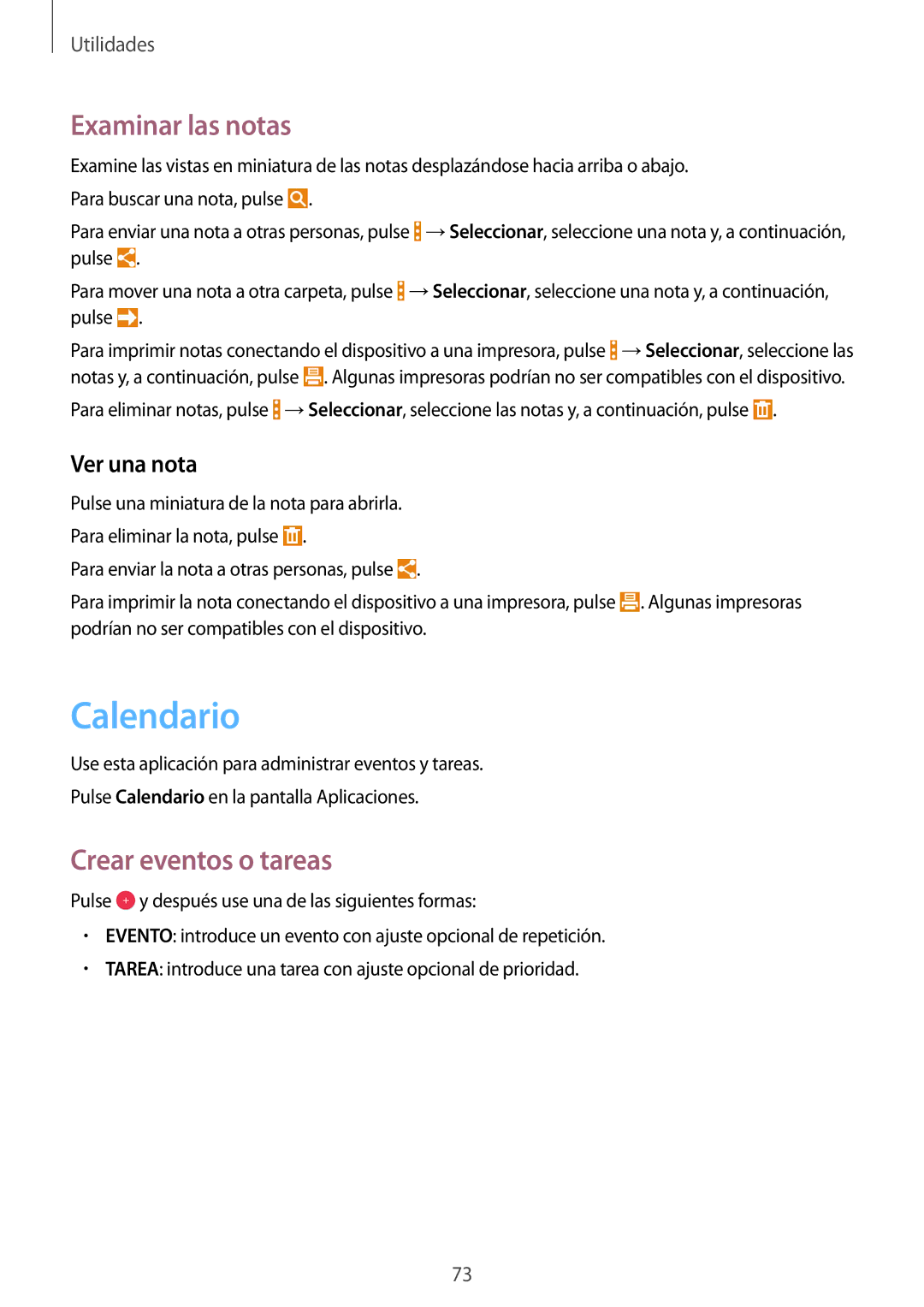 Samsung SM-T360NNGATPH, SM-T360NNGAPHE manual Calendario, Examinar las notas, Crear eventos o tareas, Ver una nota 