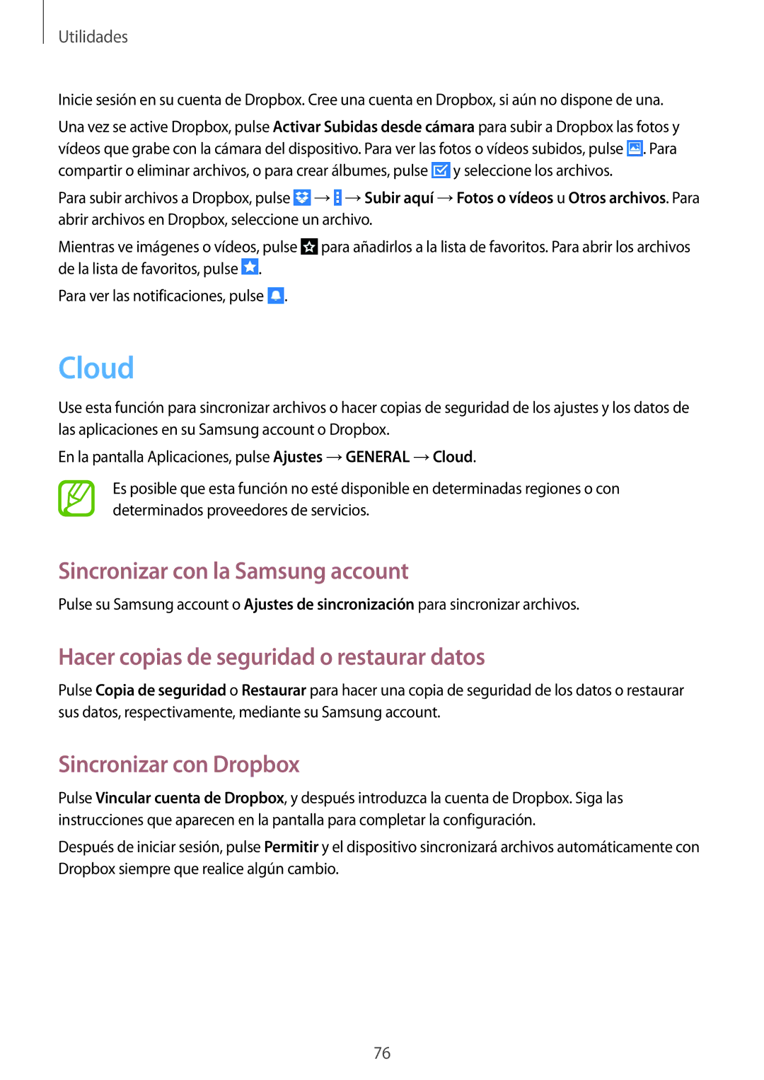 Samsung SM-T360NNGAPHE manual Cloud, Sincronizar con la Samsung account, Hacer copias de seguridad o restaurar datos 