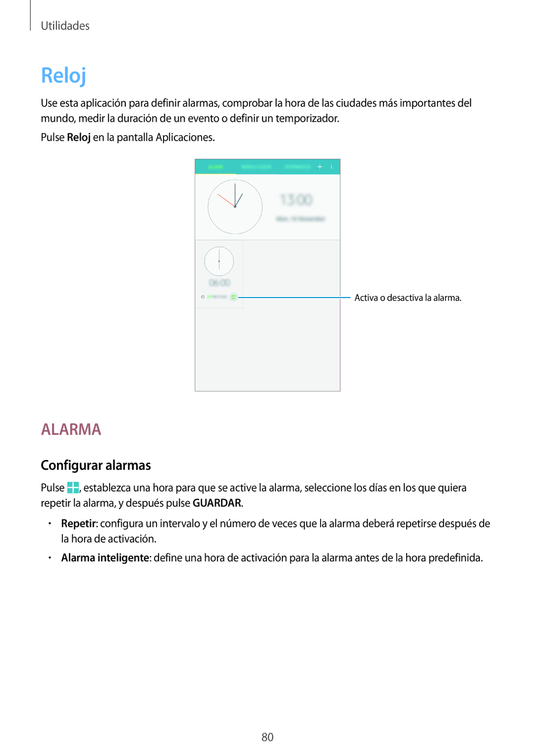 Samsung SM-T360NNGAPHE, SM-T360NNGATPH manual Reloj, Configurar alarmas 