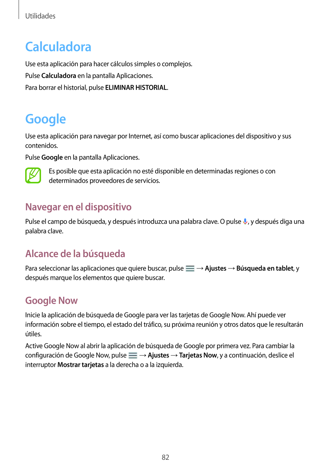 Samsung SM-T360NNGAPHE, SM-T360NNGATPH manual Calculadora, Navegar en el dispositivo, Alcance de la búsqueda, Google Now 