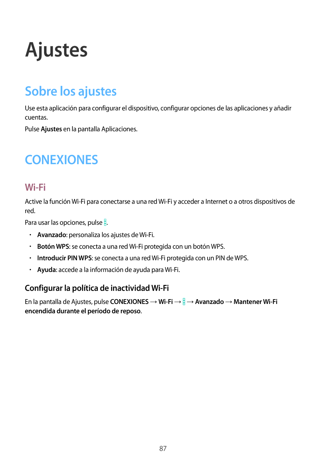 Samsung SM-T360NNGATPH, SM-T360NNGAPHE manual Ajustes, Sobre los ajustes, Configurar la política de inactividad Wi-Fi 