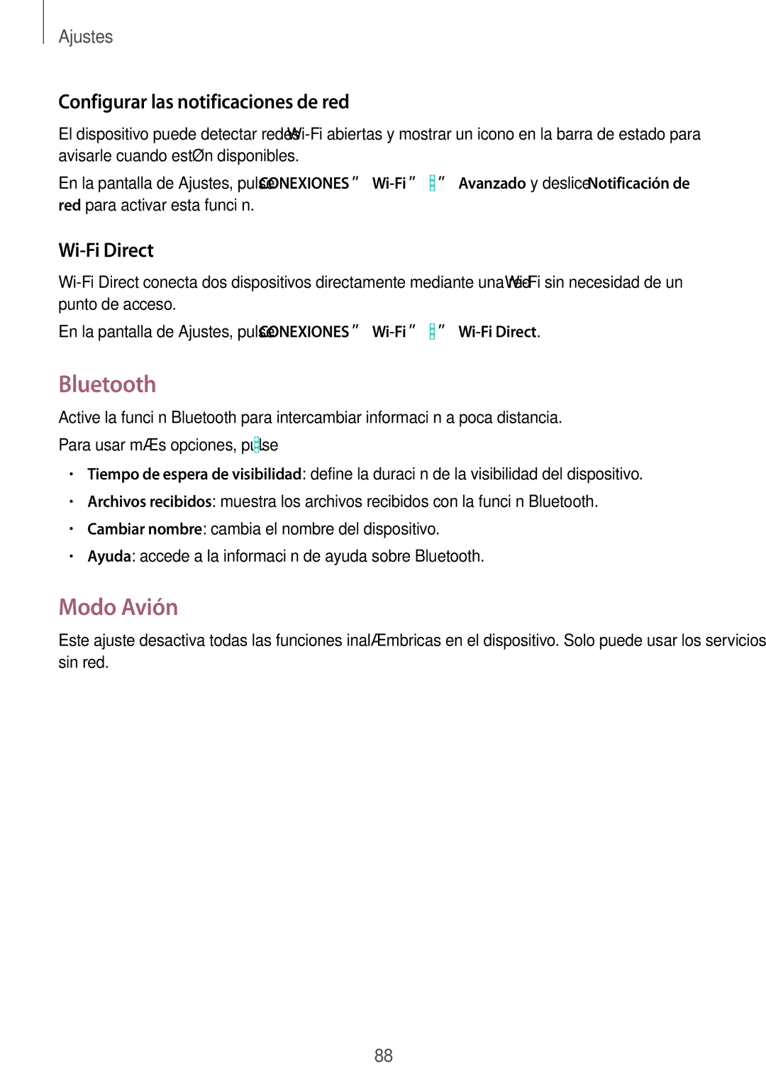 Samsung SM-T360NNGAPHE, SM-T360NNGATPH manual Bluetooth, Modo Avión, Configurar las notificaciones de red, Wi-Fi Direct 