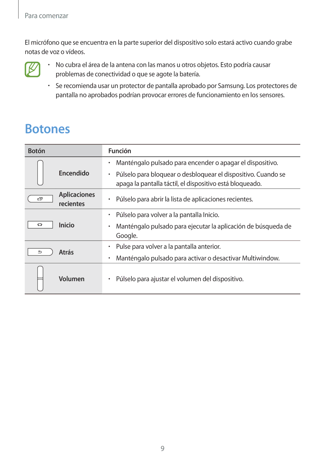 Samsung SM-T360NNGATPH, SM-T360NNGAPHE manual Botones, Para comenzar 