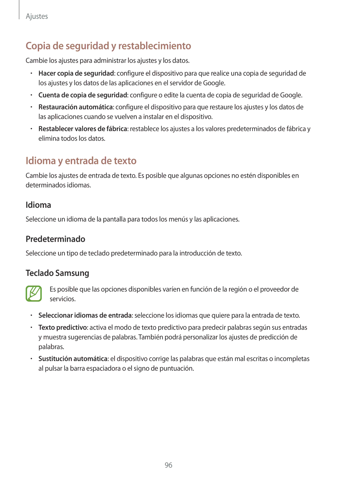 Samsung SM-T360NNGAPHE Copia de seguridad y restablecimiento, Idioma y entrada de texto, Predeterminado, Teclado Samsung 