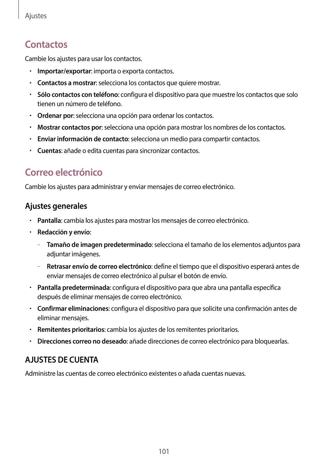 Samsung SM-T360NNGATPH, SM-T360NNGAPHE manual Contactos, Correo electrónico, Ajustes generales, Redacción y envío 