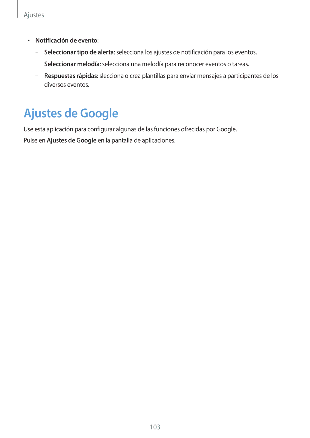 Samsung SM-T360NNGATPH, SM-T360NNGAPHE manual Ajustes de Google, Notificación de evento 