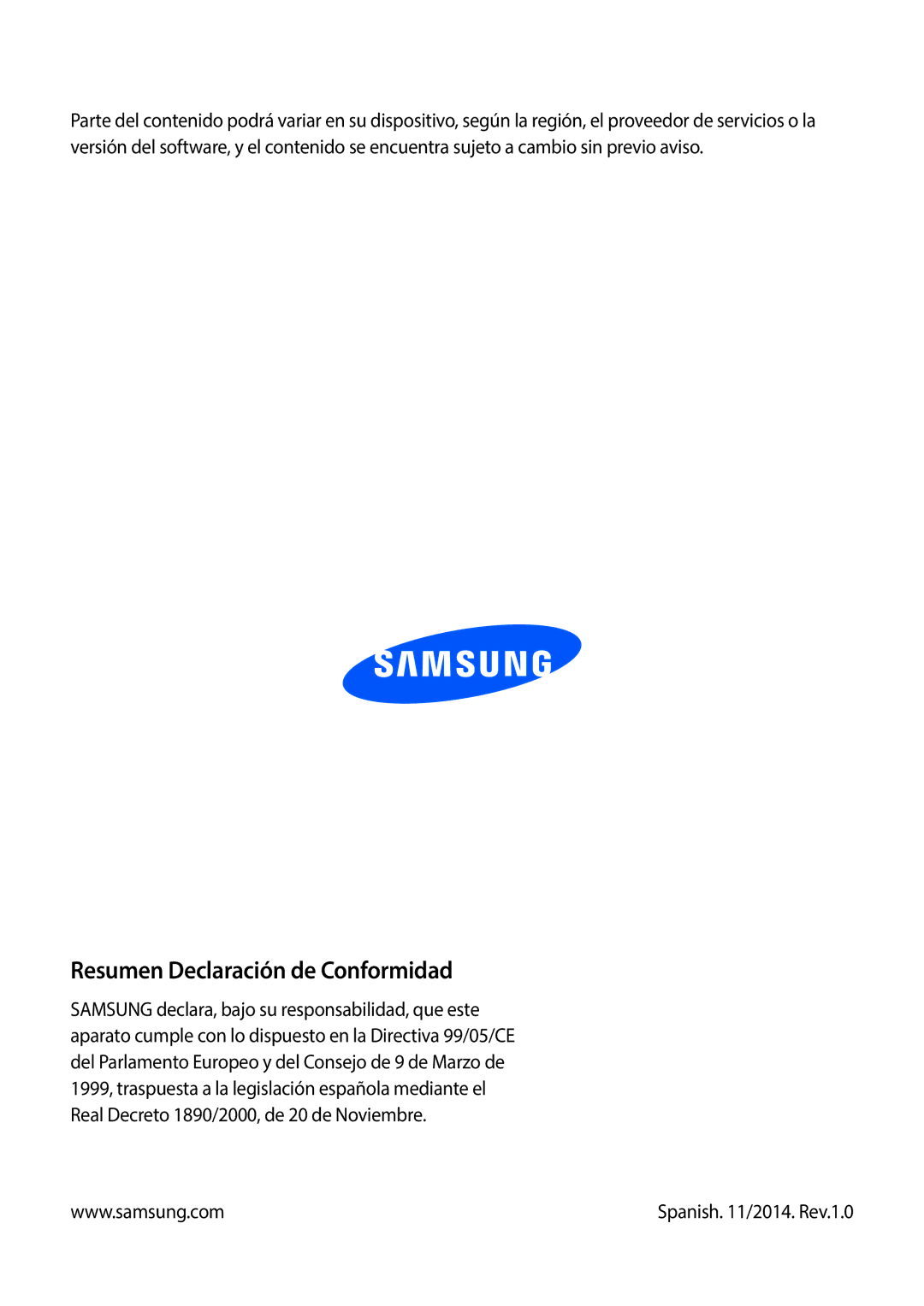 Samsung SM-T360NNGAPHE, SM-T360NNGATPH manual Resumen Declaración de Conformidad 