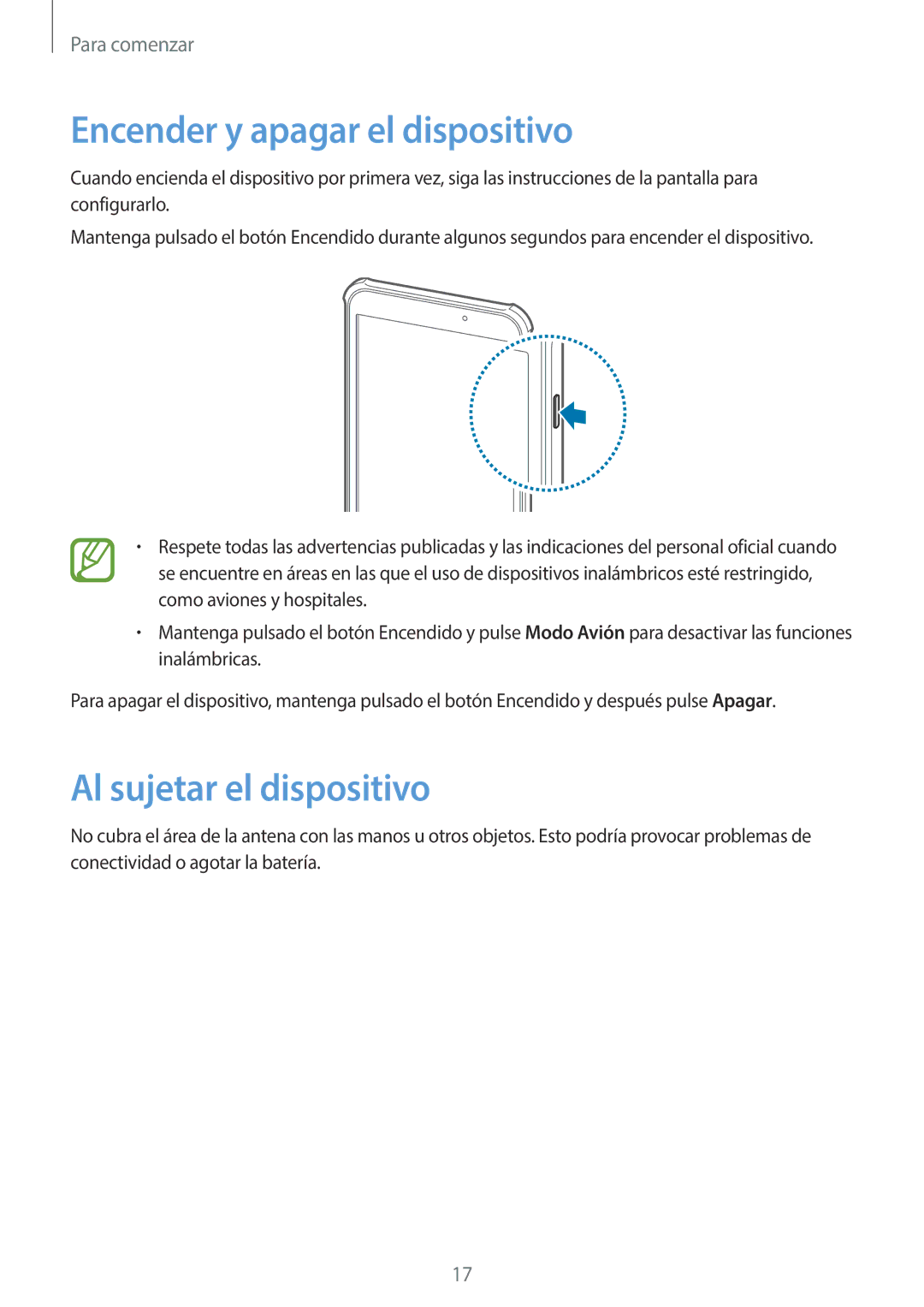 Samsung SM-T360NNGATPH, SM-T360NNGAPHE manual Encender y apagar el dispositivo, Al sujetar el dispositivo 